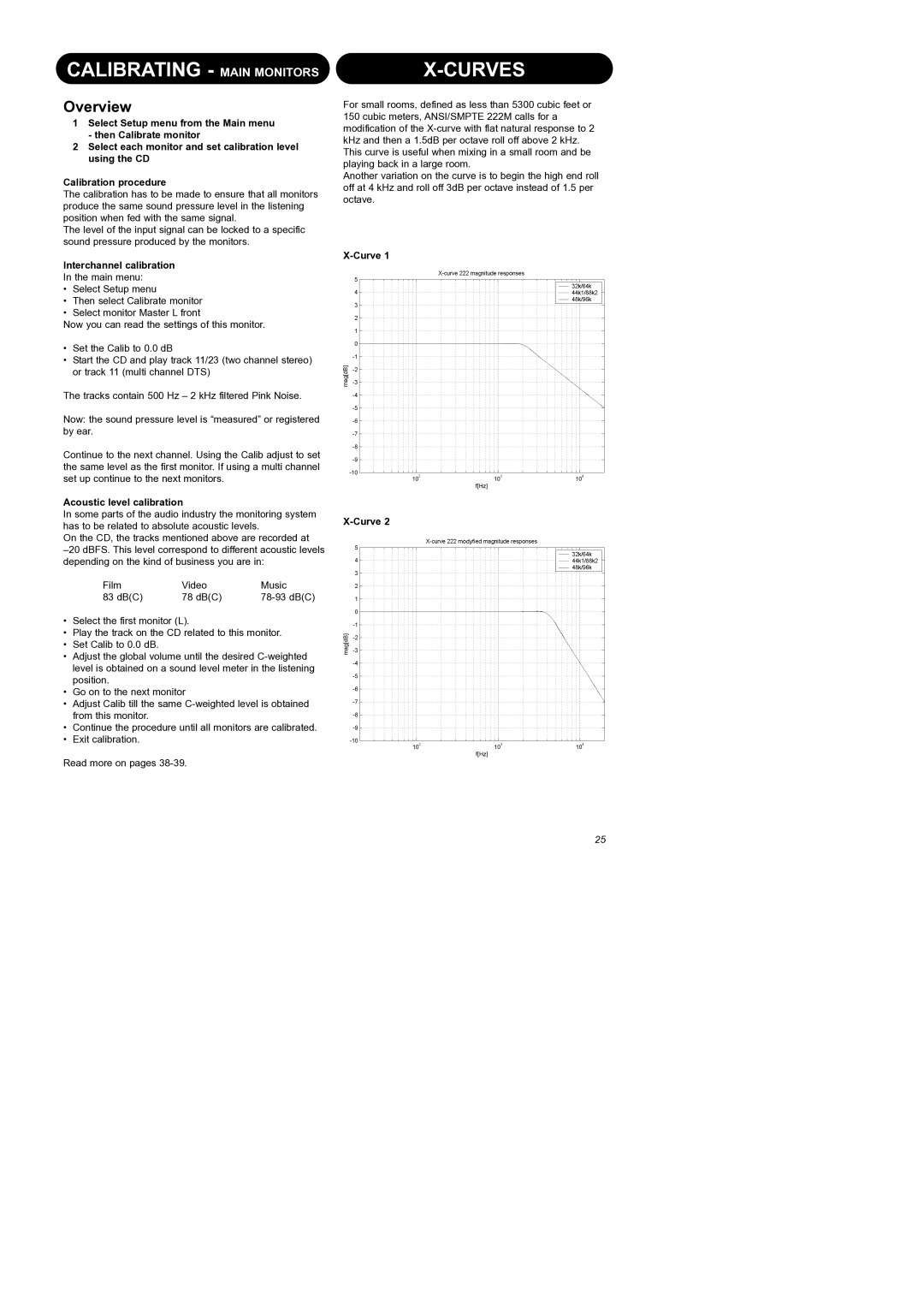 Dynaudio Air Series manual Calibrating Main Monitors Curves, Interchannel calibration, Acoustic level calibration 