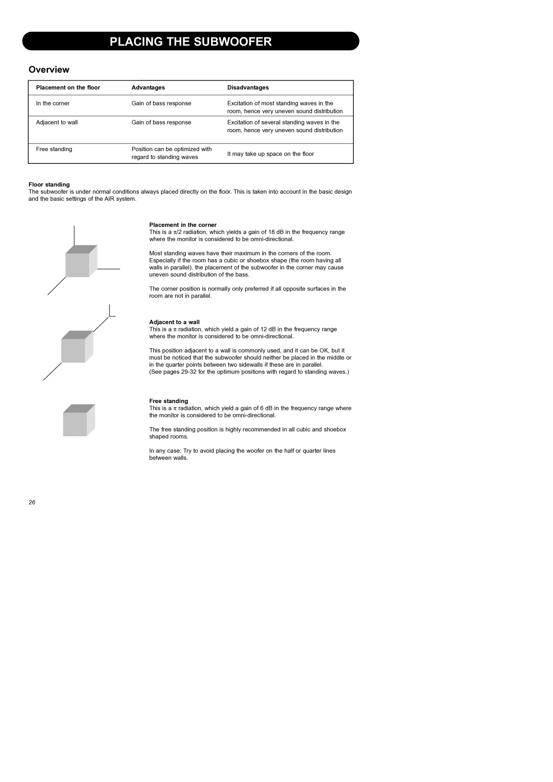 Dynaudio Air Series manual Placing the Subwoofer 