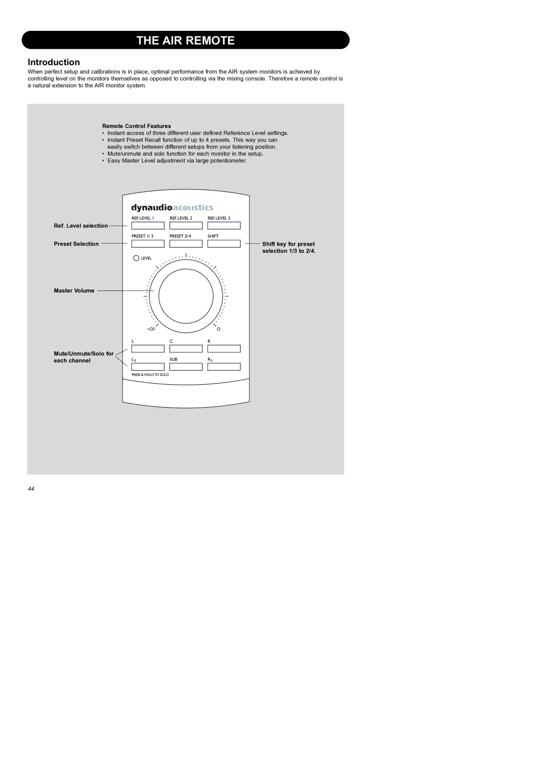 Dynaudio Air Series manual AIR Remote, Introduction, Remote Control Features 