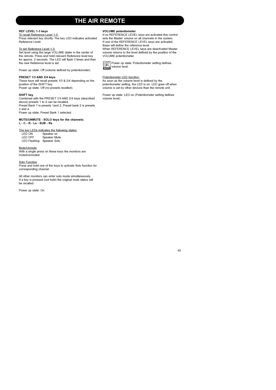 Dynaudio Air Series manual REF Level 1-3 keys, Preset 1/3 and 2/4 keys, Shift key, Volume potentiometer 