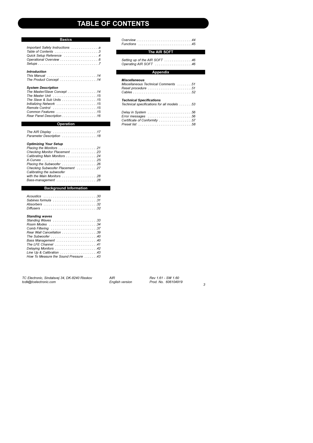 Dynaudio Air Series manual Table of Contents 