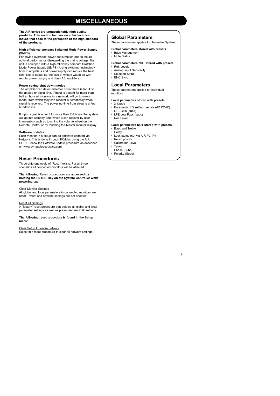 Dynaudio Air Series manual Miscellaneous, Reset Procedures, Global Parameters, Local Parameters 