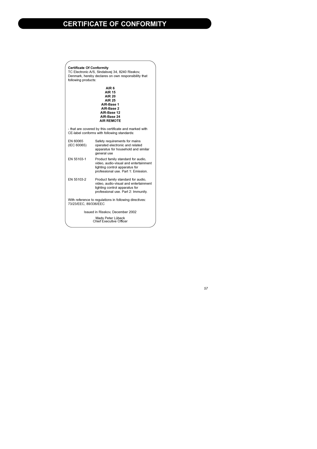 Dynaudio Air Series manual Certificate of Conformity, Certificate Of Conformity, AIR AIR-Base 