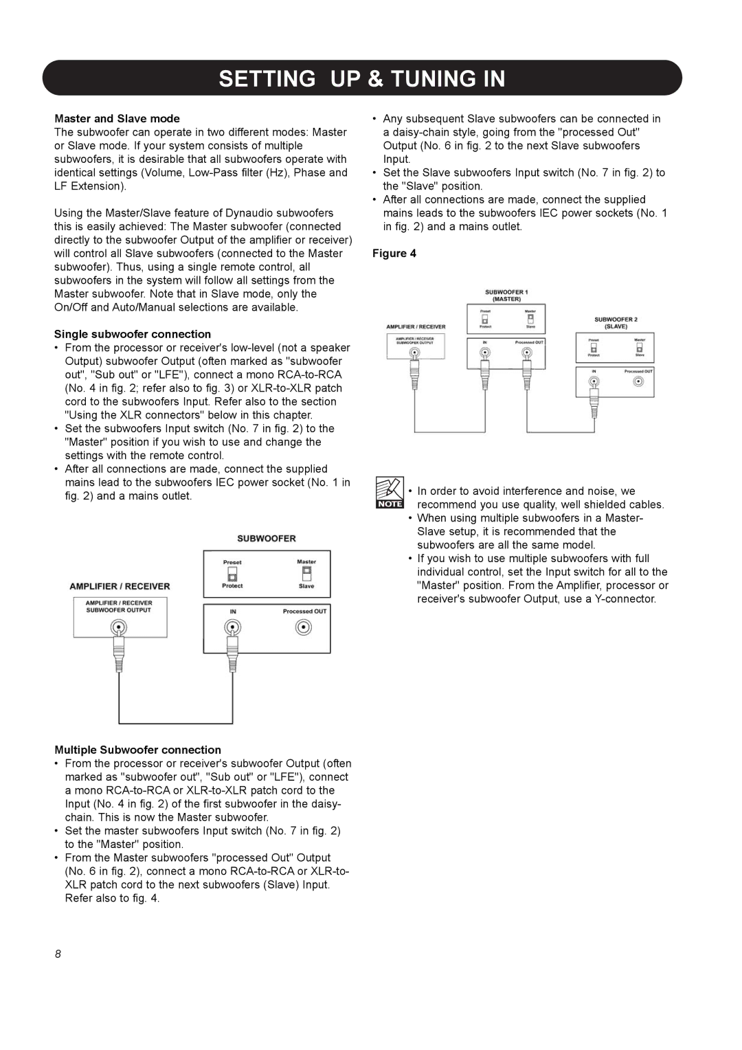 Dynaudio BM10S Setting UP & Tuning, Master and Slave mode, Single subwoofer connection, Multiple Subwoofer connection 