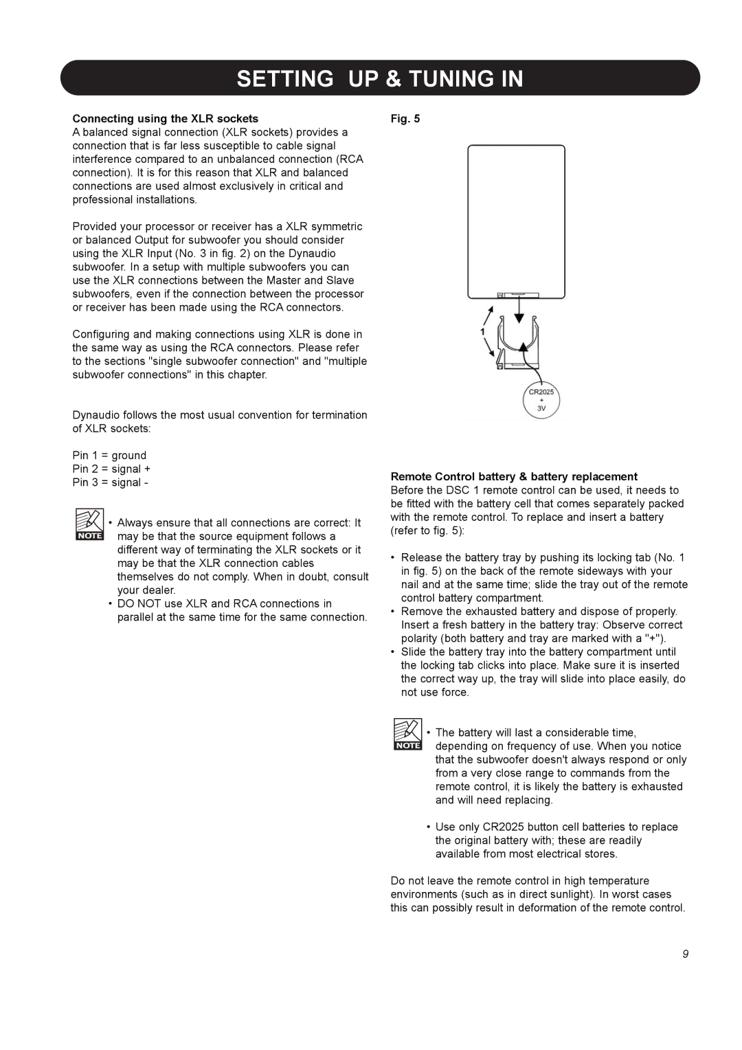 Dynaudio BM10S manual Connecting using the XLR sockets, Remote Control battery & battery replacement 