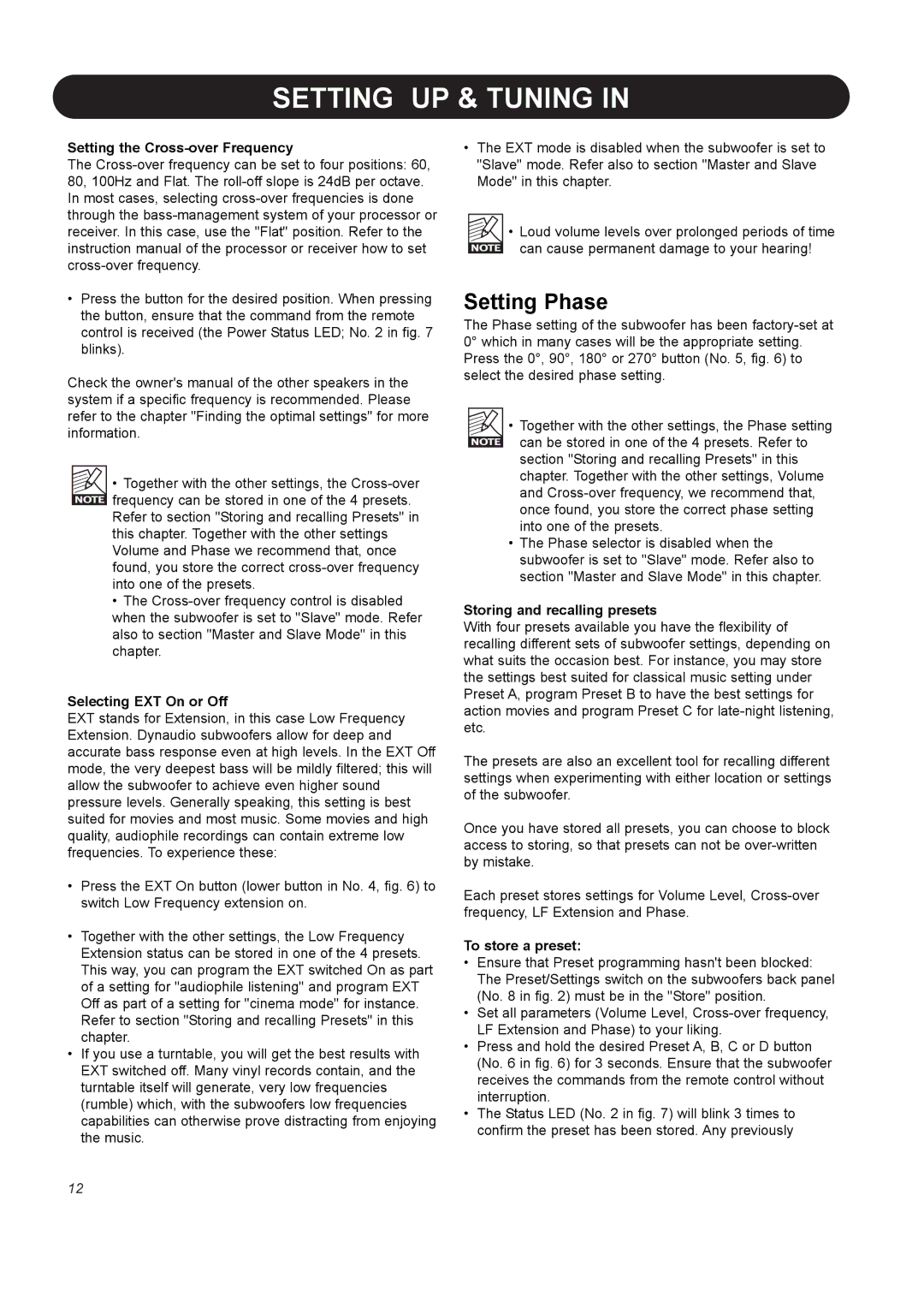 Dynaudio BM10S Setting Phase, Setting the Cross-over Frequency, Selecting EXT On or Off, Storing and recalling presets 