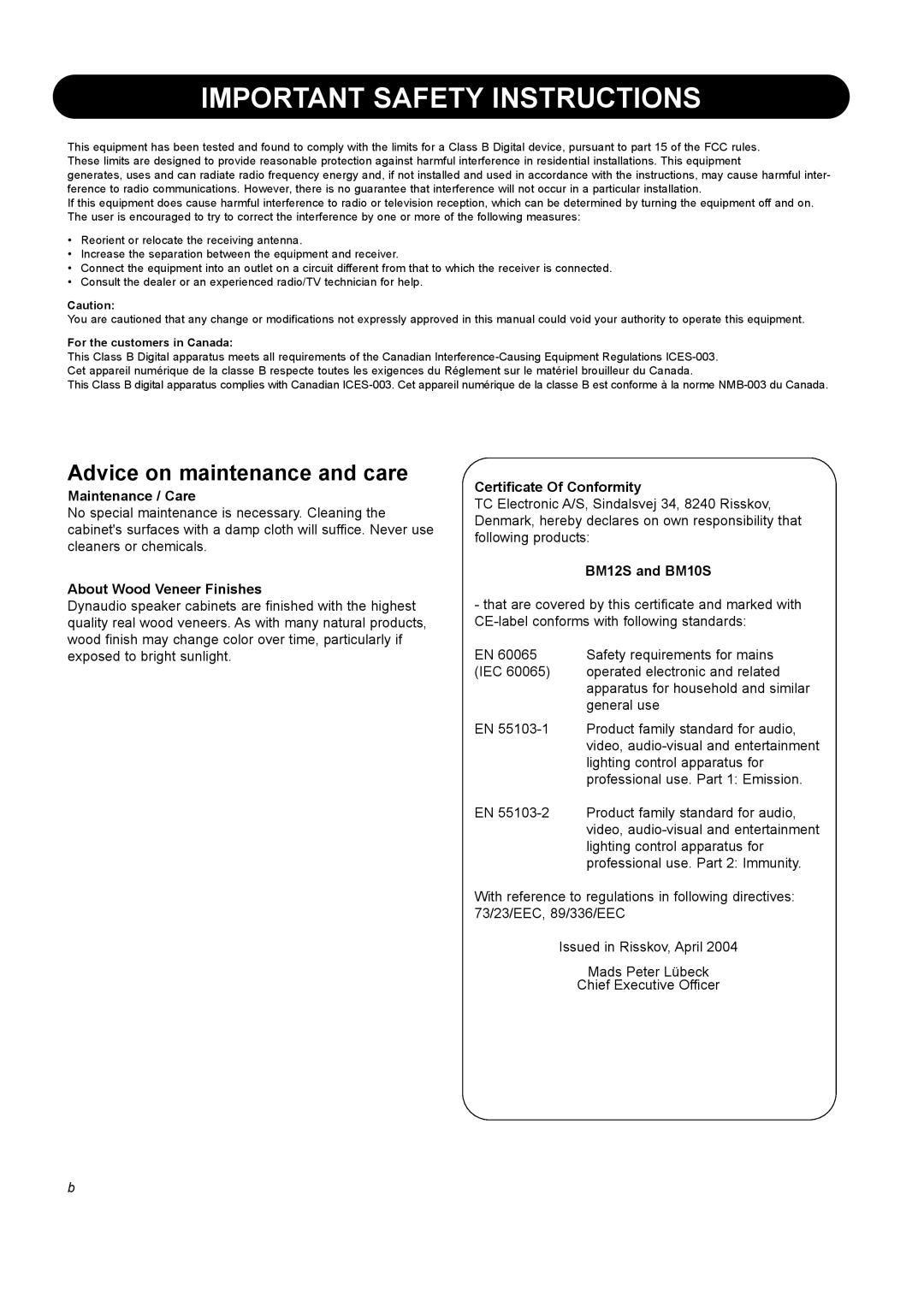 Dynaudio BM10S Advice on maintenance and care, Maintenance / Care, About Wood Veneer Finishes, Certificate Of Conformity 