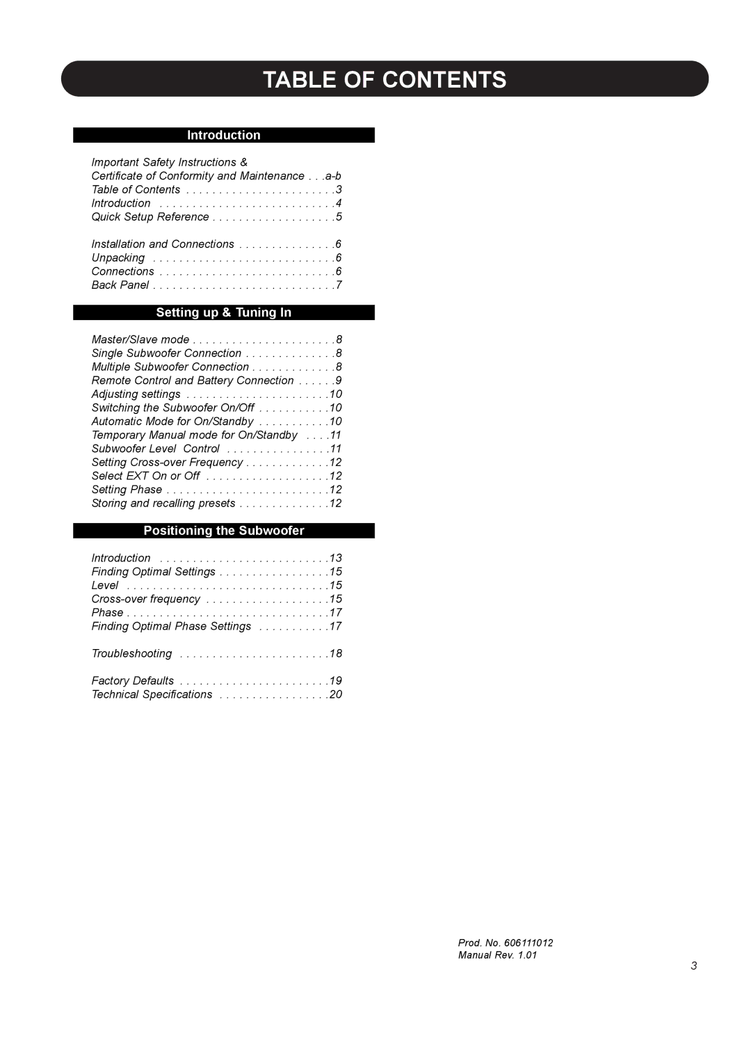 Dynaudio BM10S manual Table of Contents 