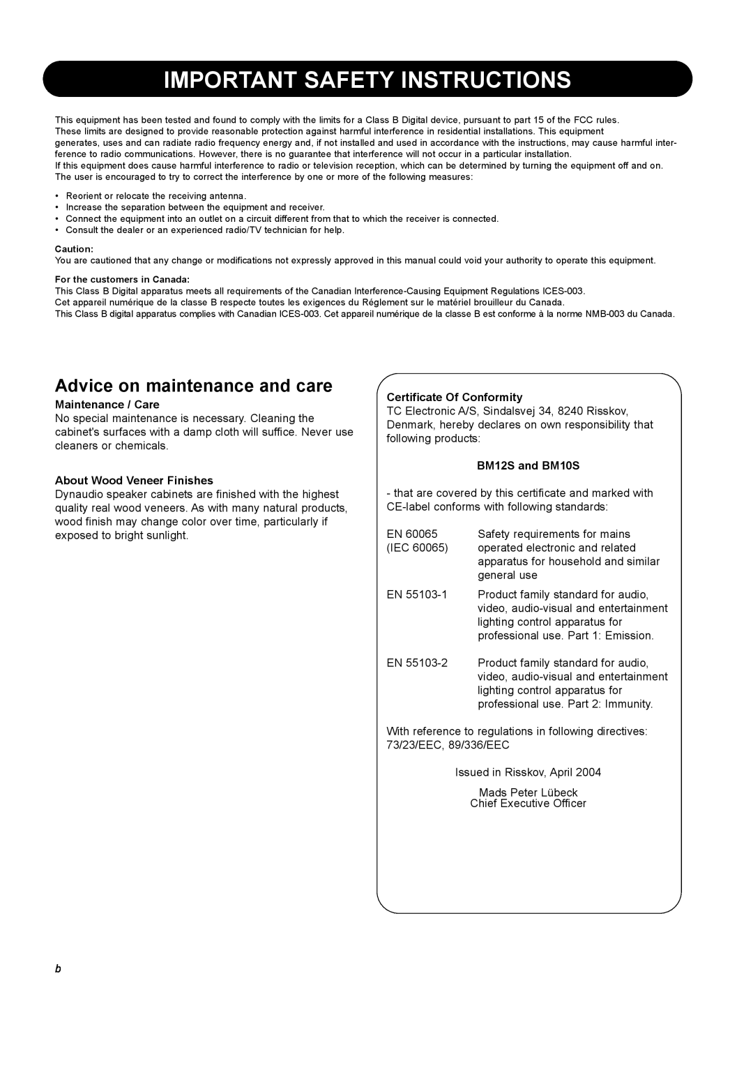 Dynaudio manual Advice on maintenance and care, Important Safety Instructions, Maintenance / Care, BM12S and BM10S 