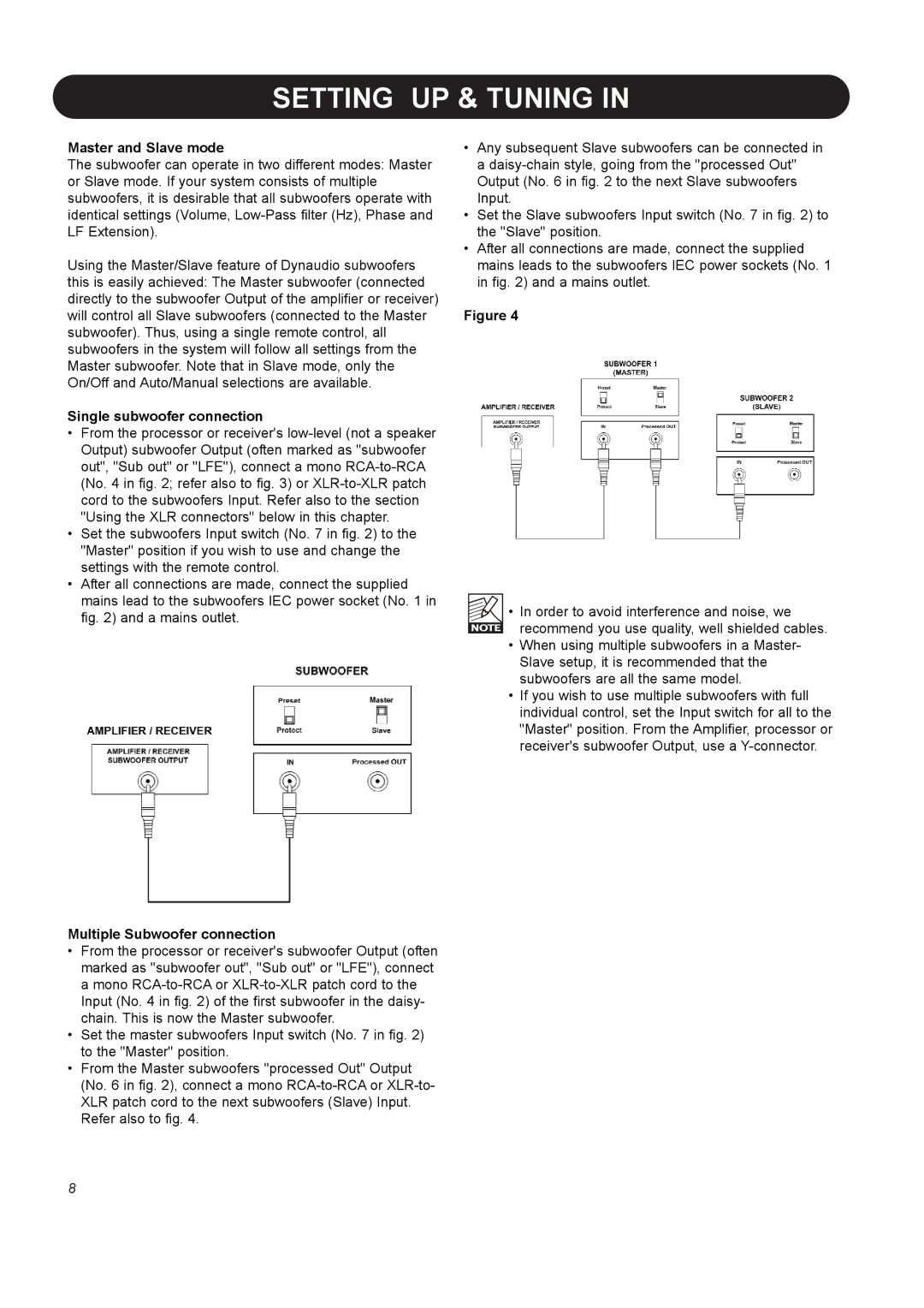 Dynaudio BM12S Setting UP & Tuning, Master and Slave mode, Single subwoofer connection, Multiple Subwoofer connection 