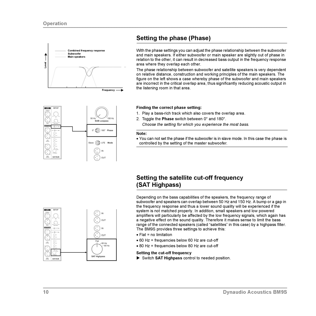 Dynaudio BM9S Setting the phase Phase, Setting the satellite cut-off frequency SAT Highpass, Setting the cut-off frequency 