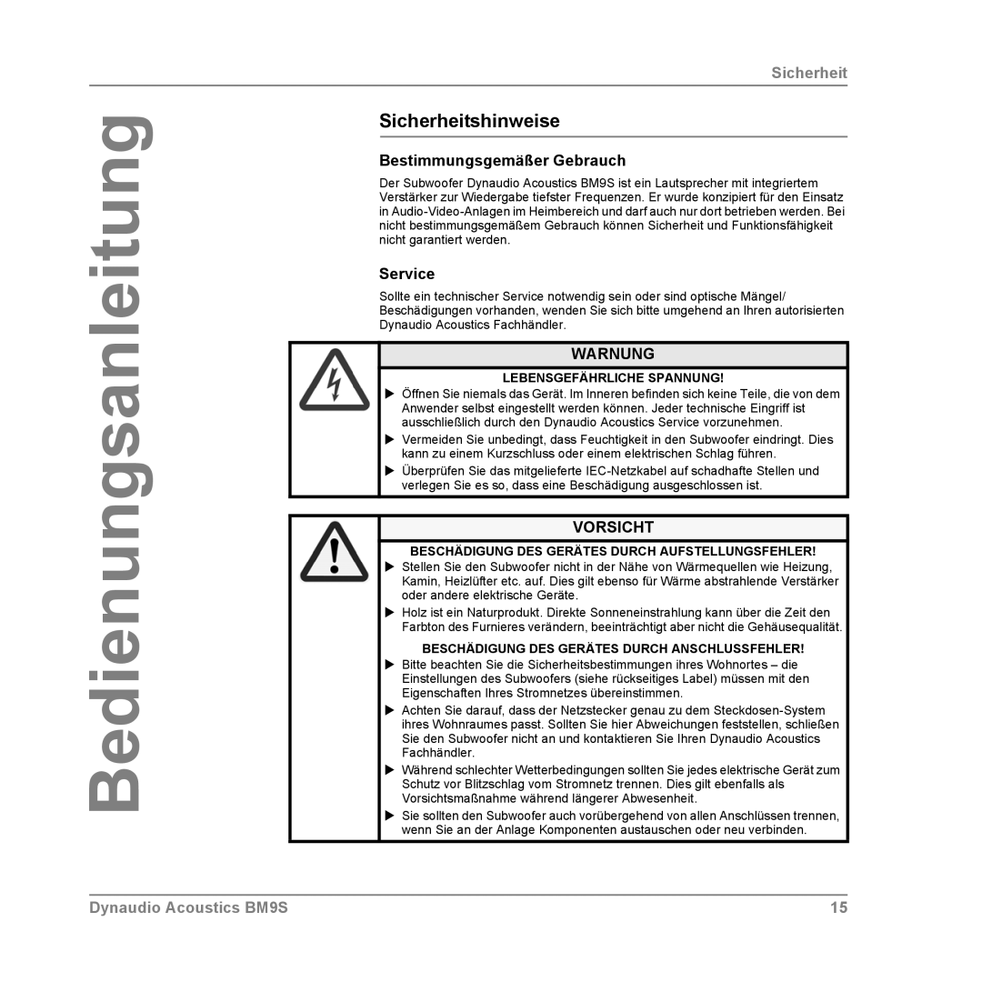 Dynaudio BM9S owner manual Sicherheitshinweise, Bestimmungsgemäßer Gebrauch, Service 