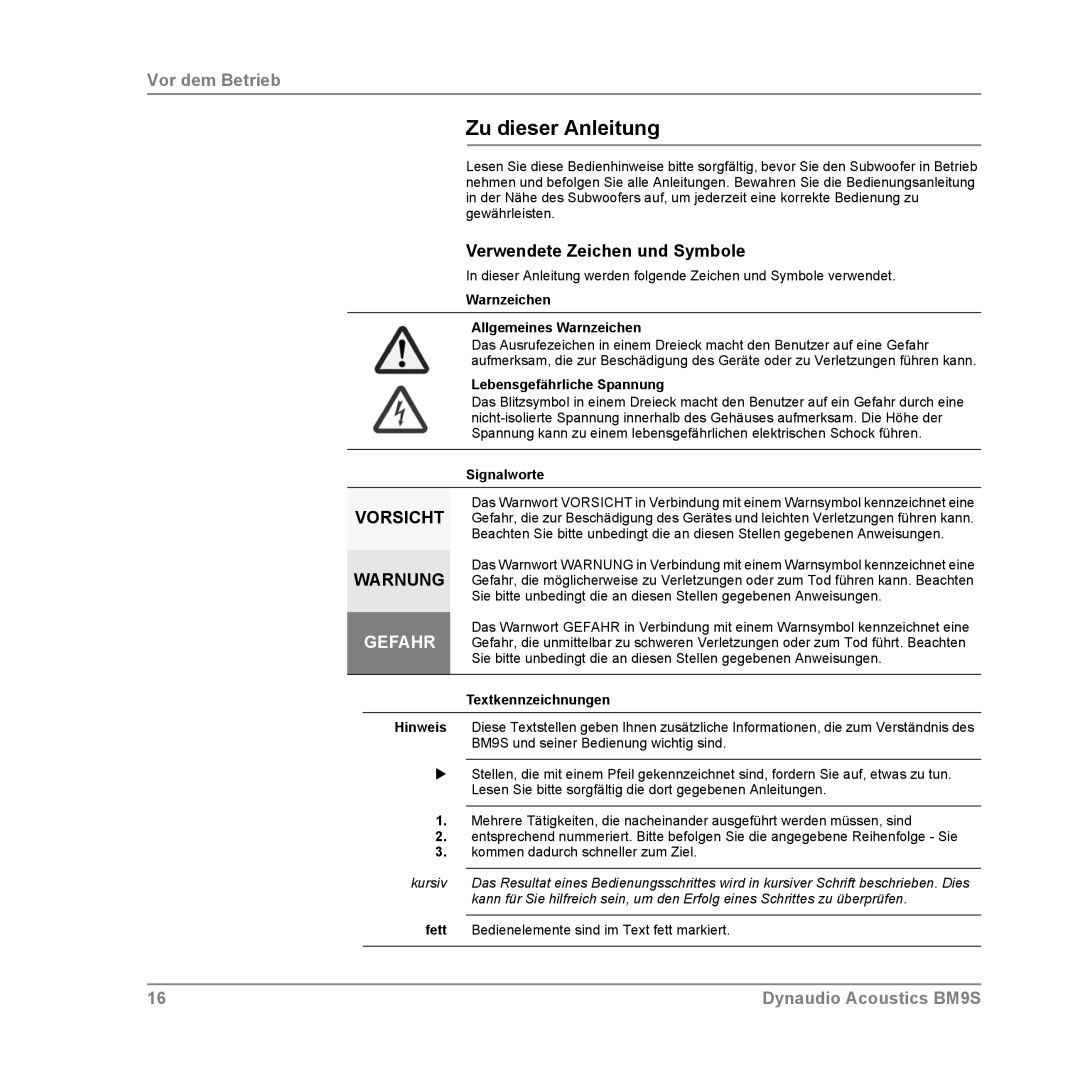 Dynaudio BM9S owner manual Zu dieser Anleitung, Verwendete Zeichen und Symbole 