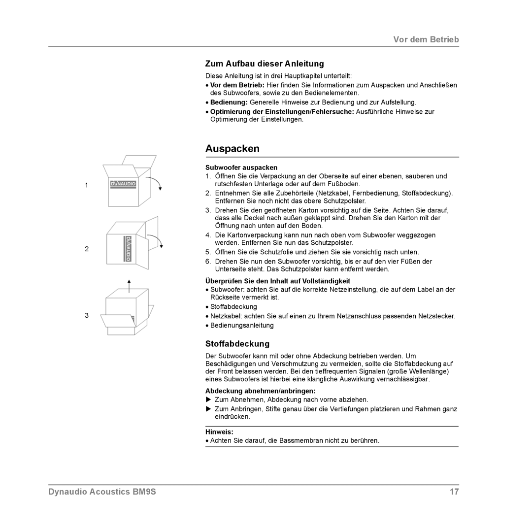 Dynaudio BM9S owner manual Auspacken, Zum Aufbau dieser Anleitung, Stoffabdeckung 