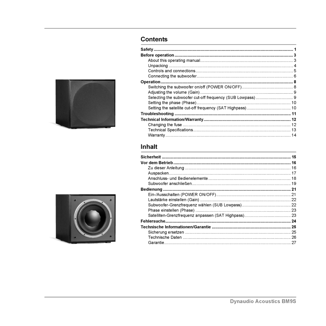 Dynaudio BM9S owner manual Contents, Inhalt 