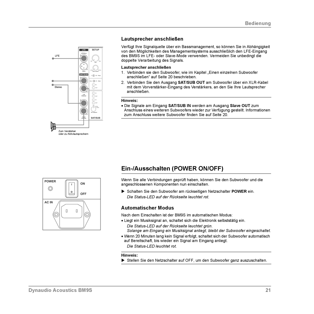 Dynaudio BM9S owner manual Ein-/Ausschalten Power ON/OFF, Lautsprecher anschließen, Automatischer Modus 