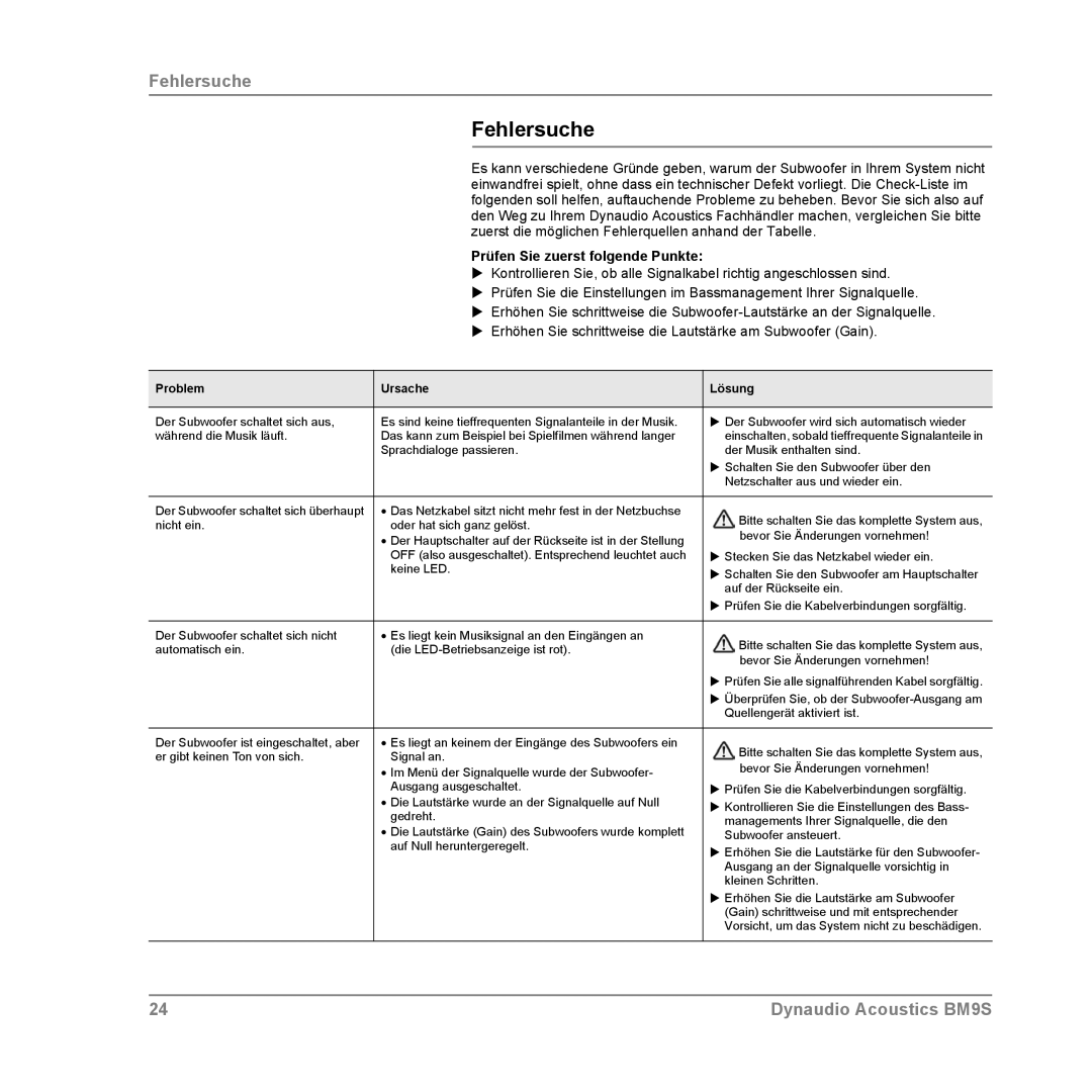 Dynaudio BM9S owner manual Fehlersuche, Prüfen Sie zuerst folgende Punkte 