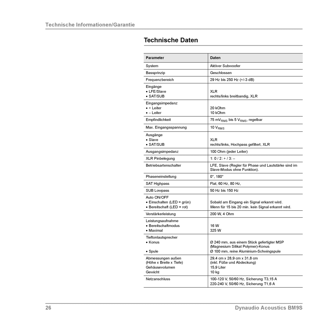 Dynaudio BM9S owner manual Technische Daten, Parameter Daten 