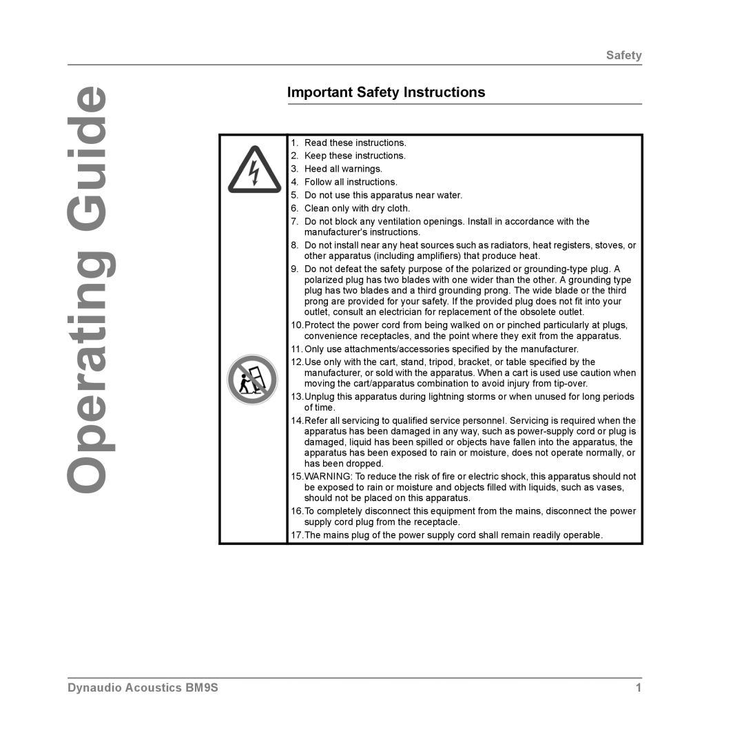 Dynaudio BM9S owner manual Operating Guide, Important Safety Instructions 