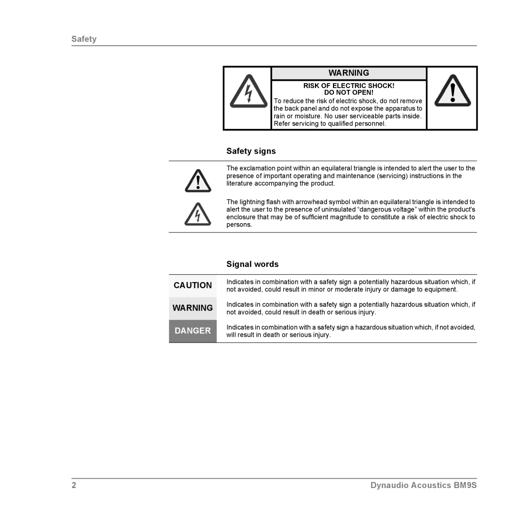 Dynaudio BM9S owner manual Safety signs, Signal words, Risk of Electric Shock Do not Open 