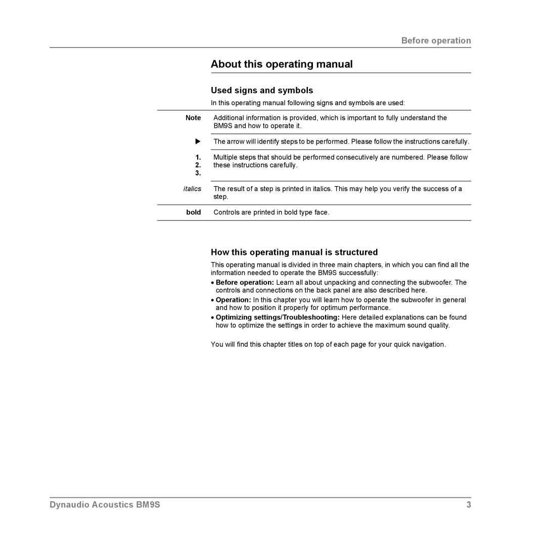 Dynaudio BM9S owner manual About this operating manual, Used signs and symbols, How this operating manual is structured 