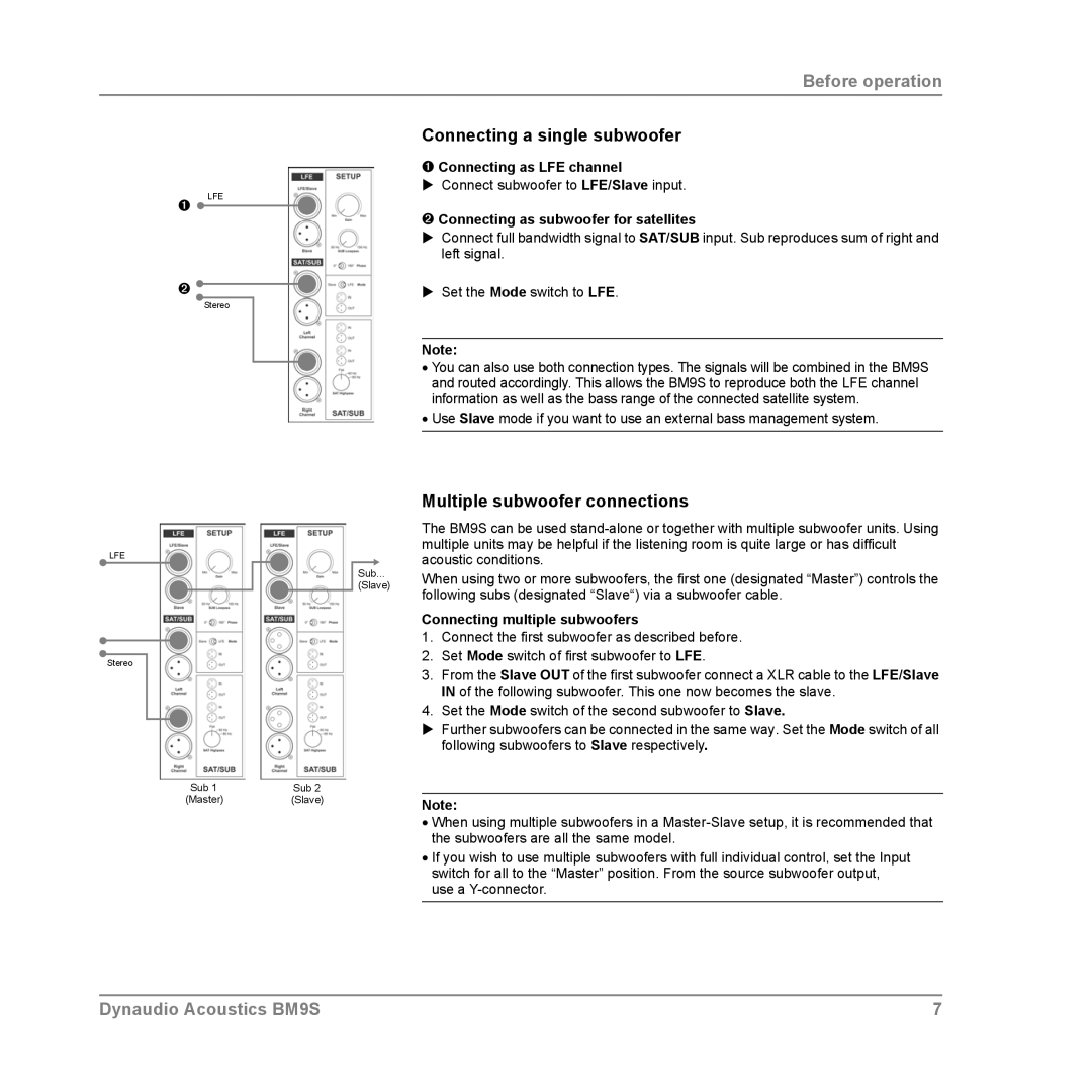 Dynaudio BM9S owner manual Connecting a single subwoofer, Multiple subwoofer connections, ➊ Connecting as LFE channel 