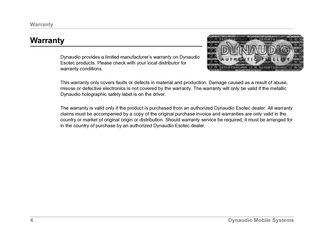 Dynaudio Car Stereo System owner manual Warranty 