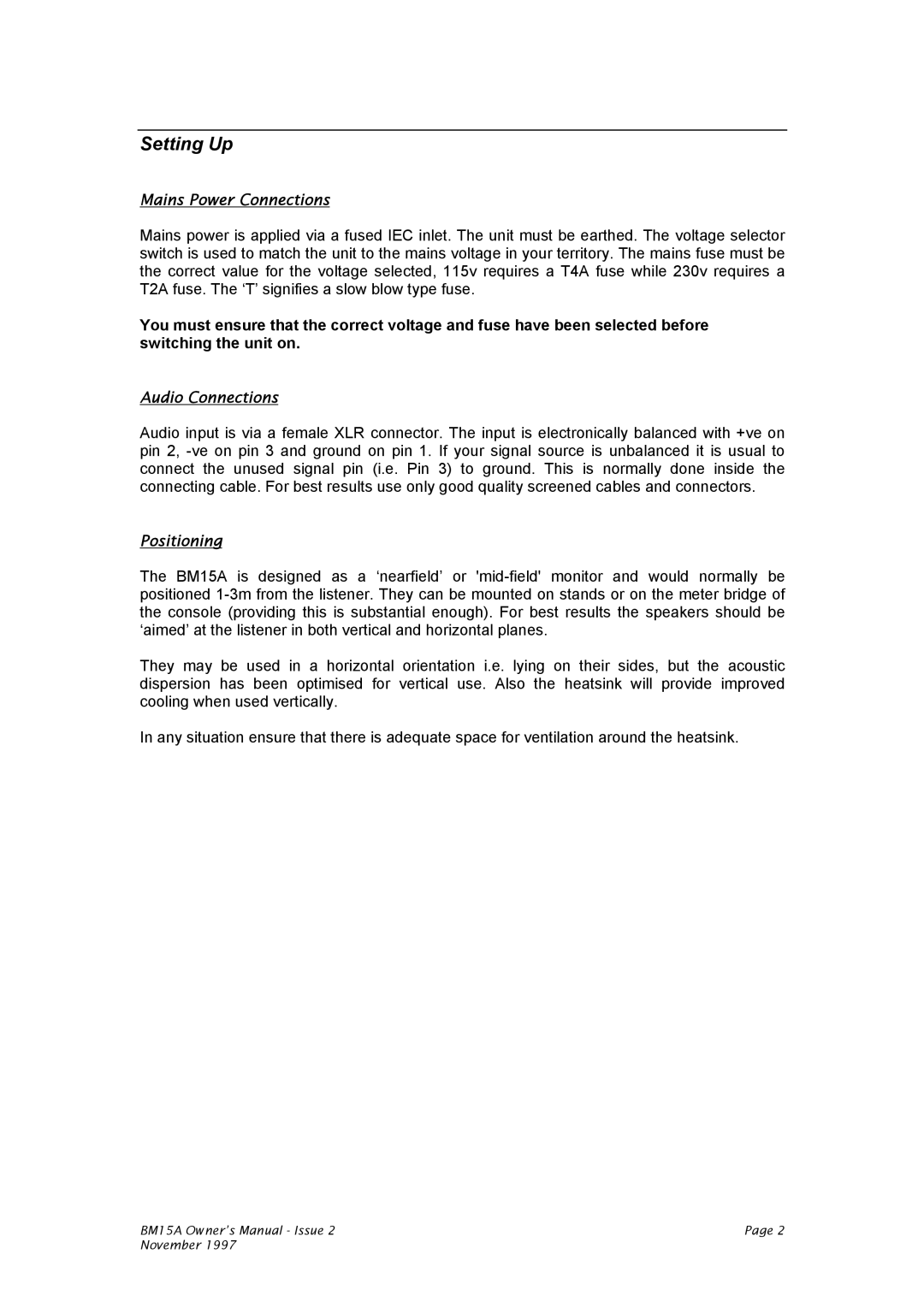 Dynaudio DA-BM15A owner manual Setting Up, Mains Power Connections, Audio Connections, Positioning 