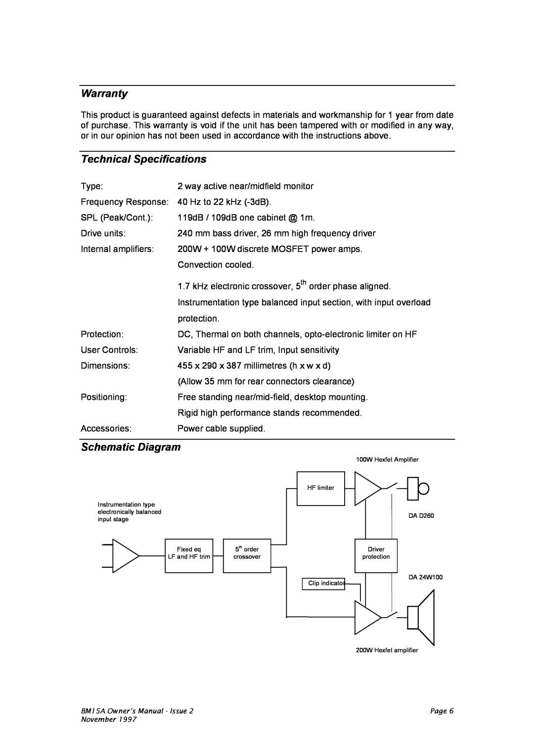 Dynaudio DA-BM15A owner manual Warranty, Technical Specifications, Schematic Diagram 