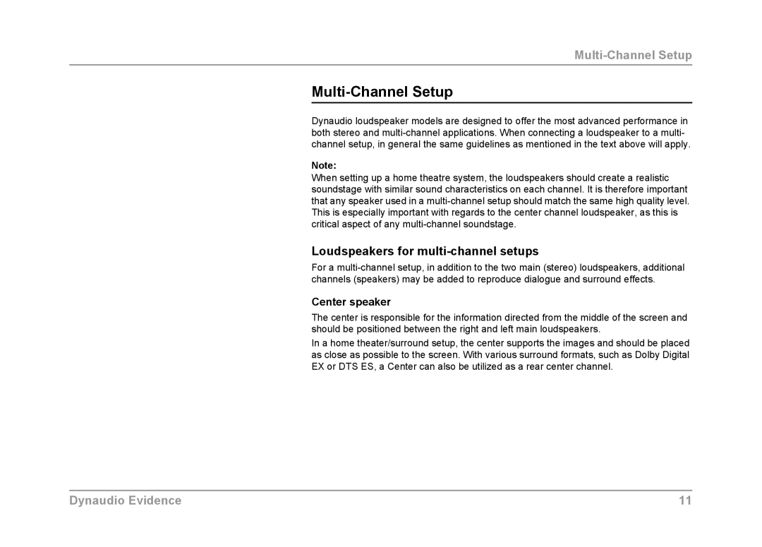 Dynaudio Evidence owner manual Multi-Channel Setup, Loudspeakers for multi-channel setups, Center speaker 