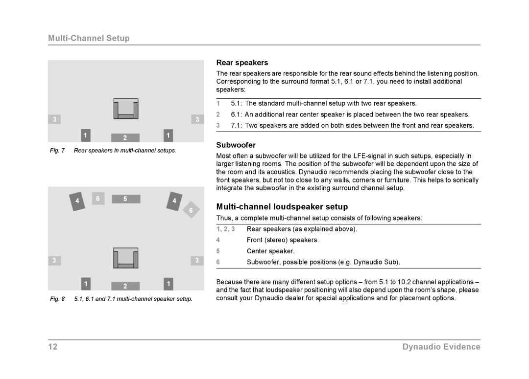 Dynaudio Evidence owner manual Multi-channel loudspeaker setup, Rear speakers, Subwoofer 