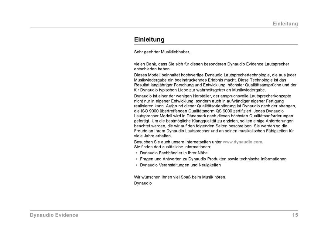 Dynaudio Evidence owner manual Einleitung 