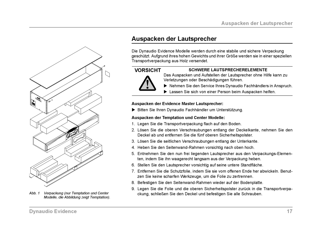 Dynaudio Auspacken der Lautsprecher, Schwere Lautsprecherelemente, Auspacken der Evidence Master Lautsprecher 