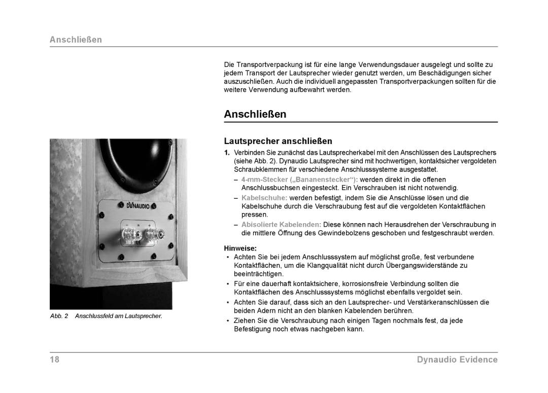 Dynaudio Evidence owner manual Anschließen, Lautsprecher anschließen, Hinweise 