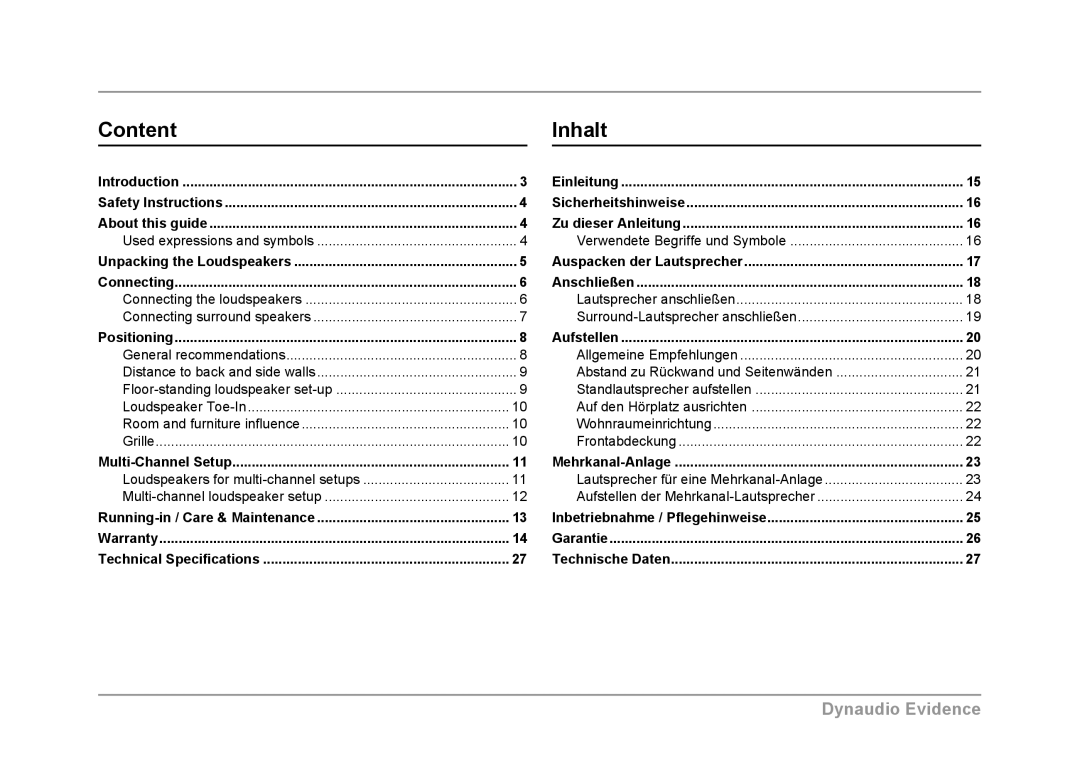 Dynaudio Evidence owner manual Content Inhalt, Used expressions and symbols 