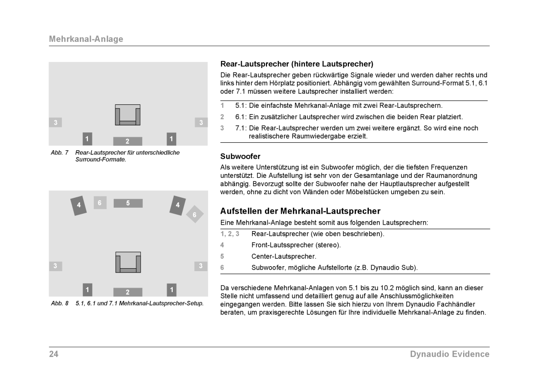 Dynaudio Evidence owner manual Aufstellen der Mehrkanal-Lautsprecher, Rear-Lautsprecher hintere Lautsprecher 