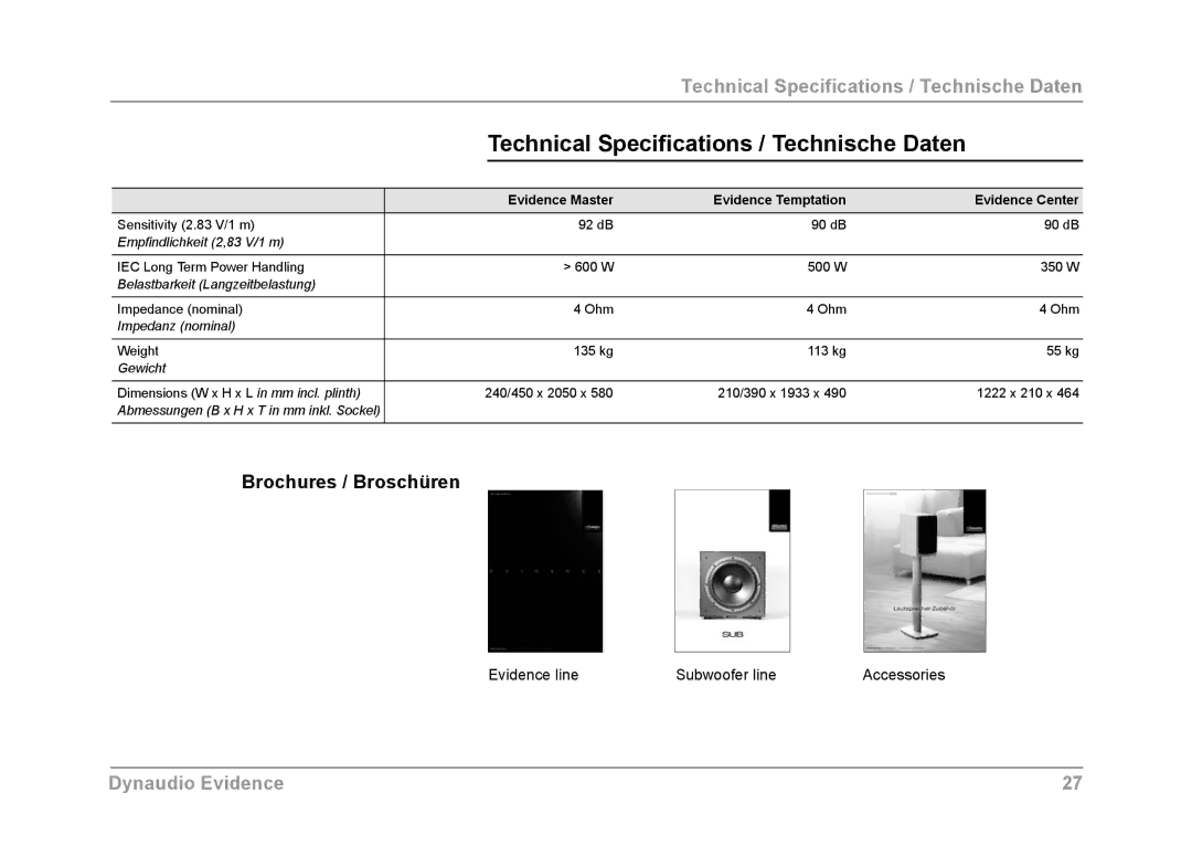 Dynaudio Evidence owner manual Technical Specifications / Technische Daten, Brochures / Broschüren 