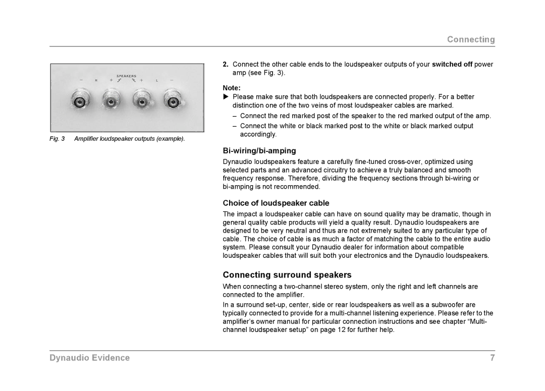 Dynaudio Evidence owner manual Connecting surround speakers, Bi-wiring/bi-amping, Choice of loudspeaker cable 