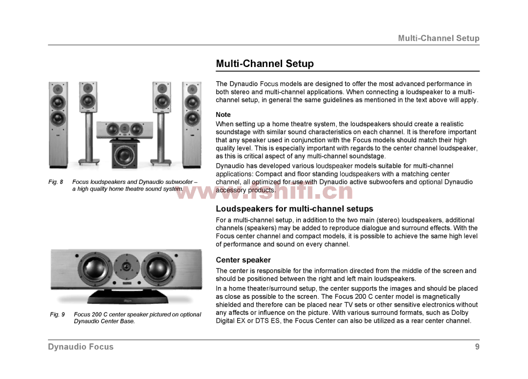 Dynaudio Focus loudspeakers owner manual Multi-Channel Setup, Loudspeakers for multi-channel setups, Center speaker 