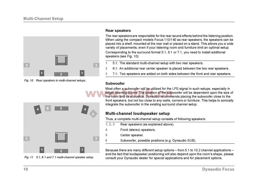 Dynaudio Focus loudspeakers owner manual Multi-channel loudspeaker setup, Rear speakers, Subwoofer 