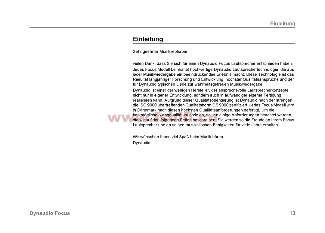 Dynaudio Focus loudspeakers owner manual Einleitung, Wir wünschen Ihnen viel Spaß beim Musik hören Dynaudio 