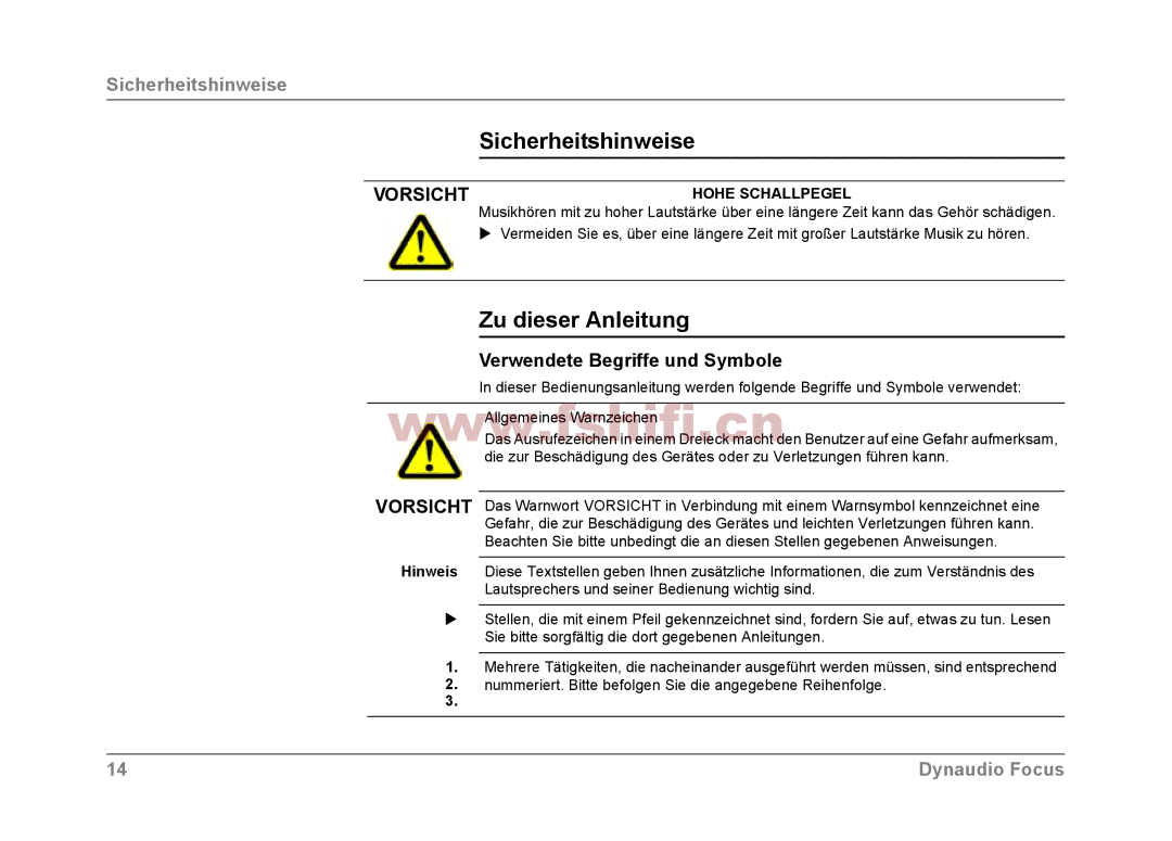 Dynaudio Focus loudspeakers Sicherheitshinweise, Zu dieser Anleitung, Verwendete Begriffe und Symbole, Hohe Schallpegel 