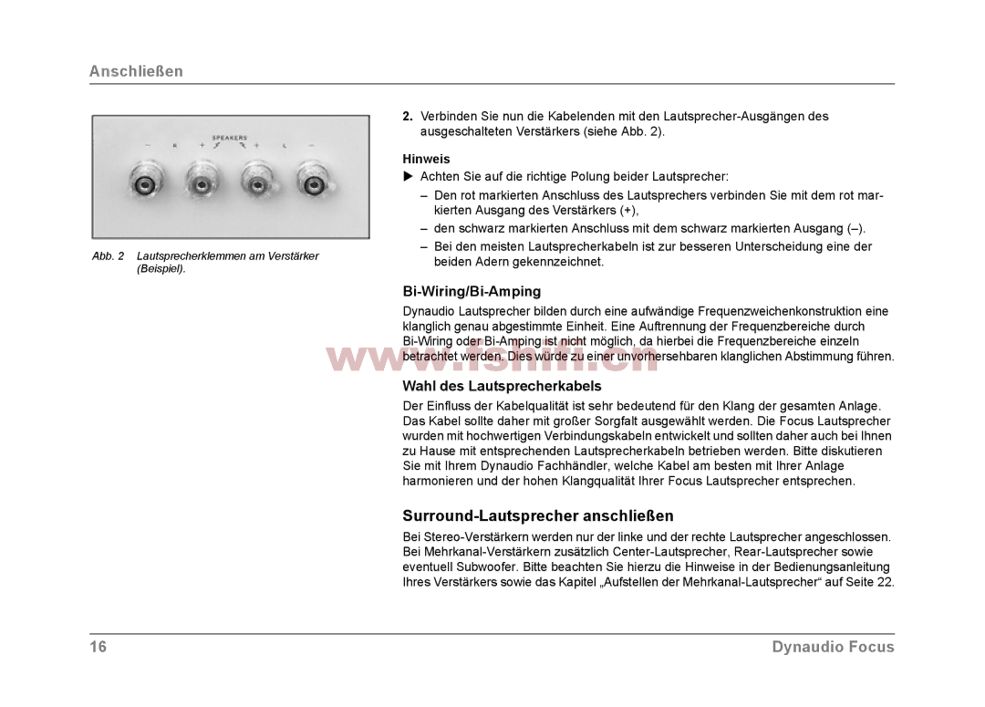 Dynaudio Focus loudspeakers owner manual Surround-Lautsprecher anschließen, Wahl des Lautsprecherkabels, Hinweis 