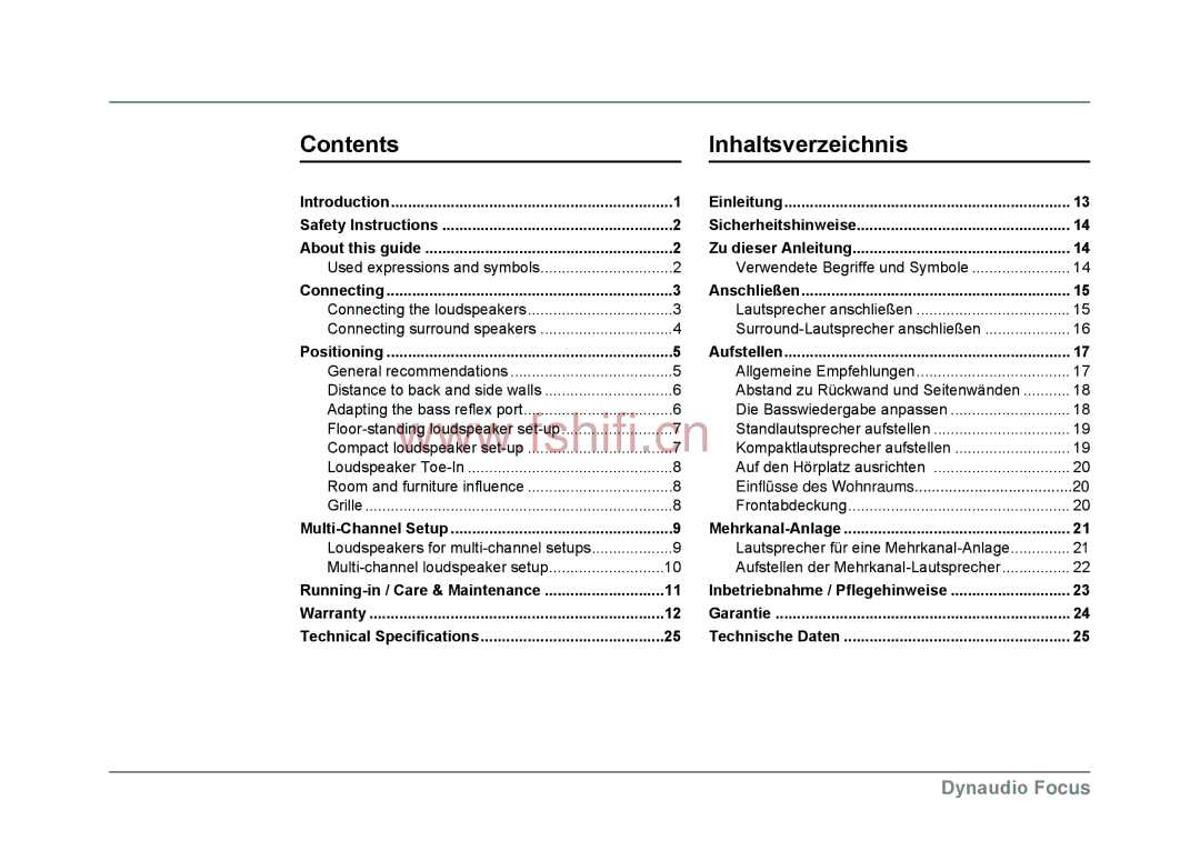 Dynaudio Focus loudspeakers owner manual Contents Inhaltsverzeichnis 