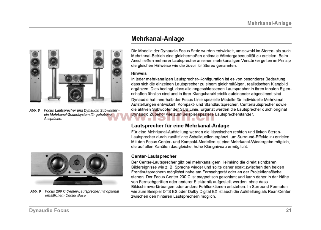 Dynaudio Focus loudspeakers owner manual Lautsprecher für eine Mehrkanal-Anlage, Center-Lautsprecher 