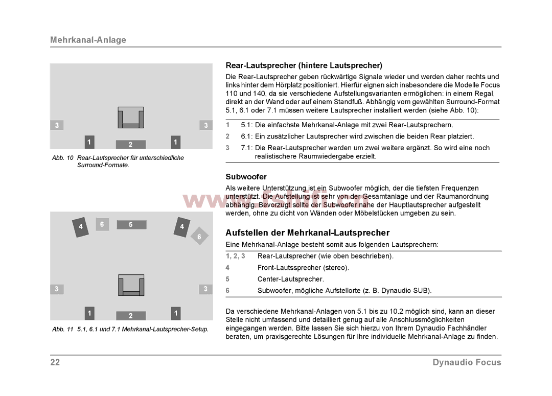 Dynaudio Focus loudspeakers owner manual Aufstellen der Mehrkanal-Lautsprecher, Rear-Lautsprecher hintere Lautsprecher 