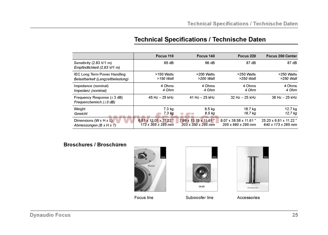 Dynaudio Focus loudspeakers owner manual Technical Specifications / Technische Daten, Broschures / Broschüren 