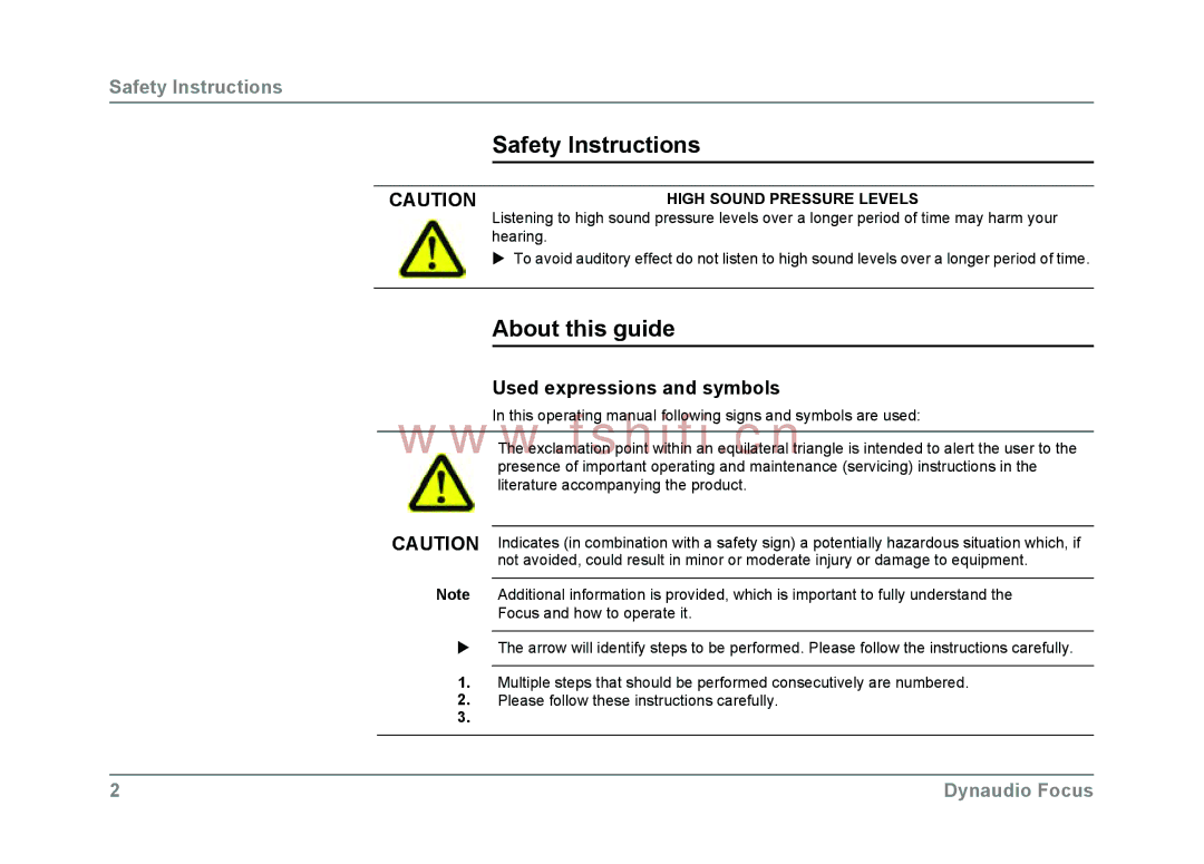 Dynaudio Focus loudspeakers owner manual Safety Instructions, About this guide, Used expressions and symbols 