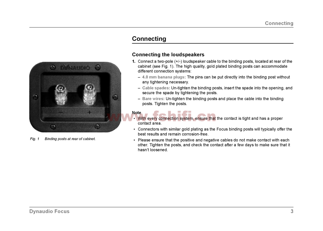 Dynaudio Focus loudspeakers Connecting the loudspeakers, Best results and remain corrosion-free, Hasn’t loosened 