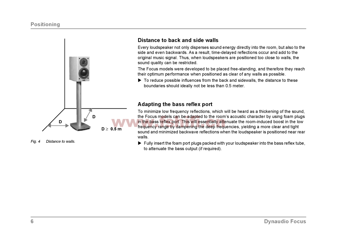 Dynaudio Focus loudspeakers owner manual Distance to back and side walls, Adapting the bass reflex port, Walls 